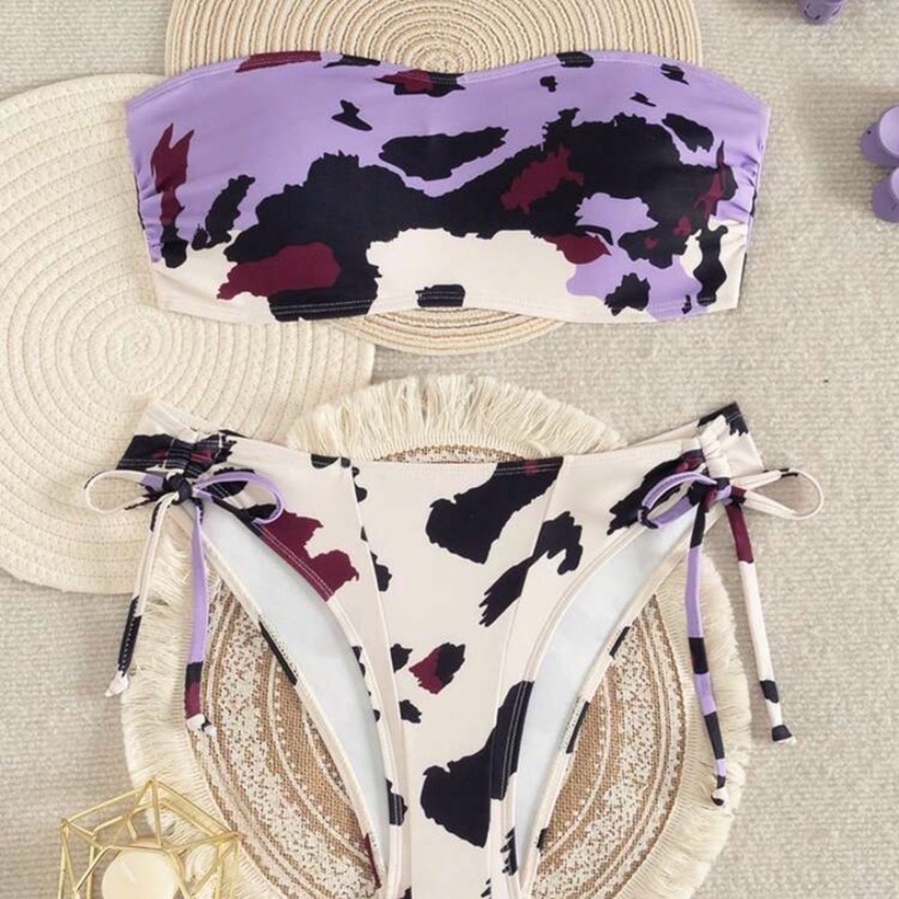 SHEIN Purple Black White Camouflage Bandeau Bikini Set